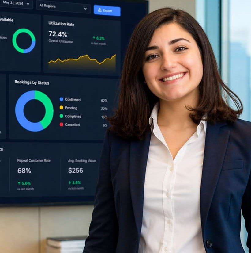 Business dashboard showing utilization rate and bookings by status